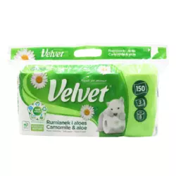 Туалетний папір Velvet Camomile&Aloe тришаровий 150 відривів 8 рулонів Туалетний папір Velvet Camomile&Aloe тришаровий 150 відривів 8 рулонів