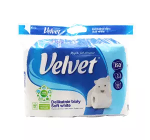 Туалетний папір Velvet Soft White тришаровий 150 відривів 12 рулонів