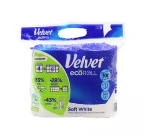 Туалетний папір Velvet Soft White Eco Roll тришаровий 300 відривів 4 рулони